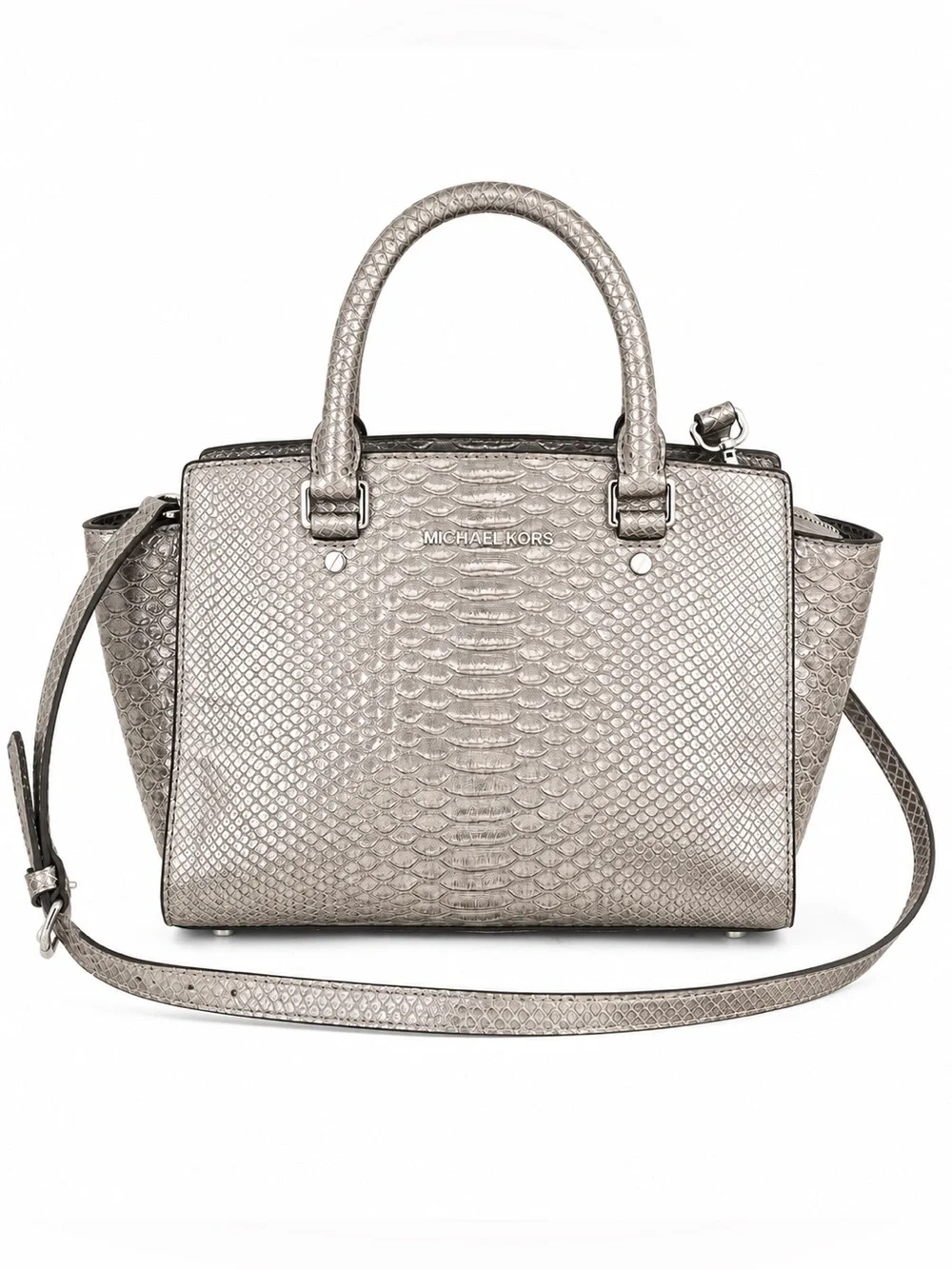 Michael Kors Metallic Silver Snake Print Satchel Crossbody Shoulder Bag